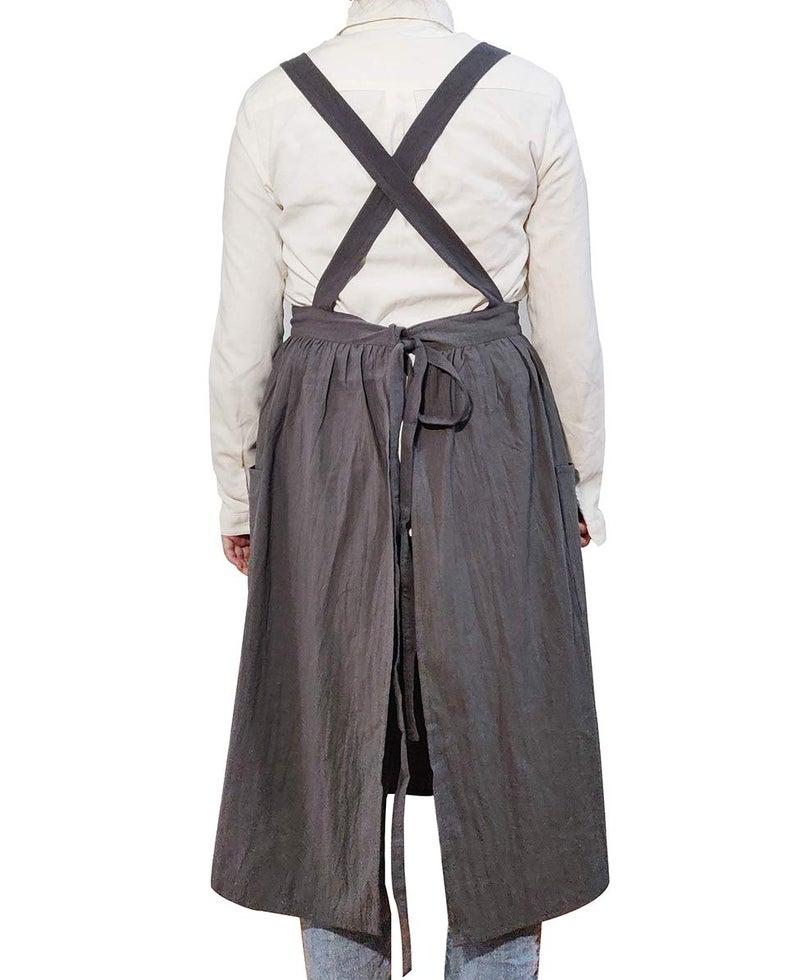 losofar Women Girls Vintage Apron Adjustable Gardening Works Cross Back Cotton/Linen Blend Aprons Pinafore Dress with Two Pockets (blackgrey, 39"x 59") - Image 2